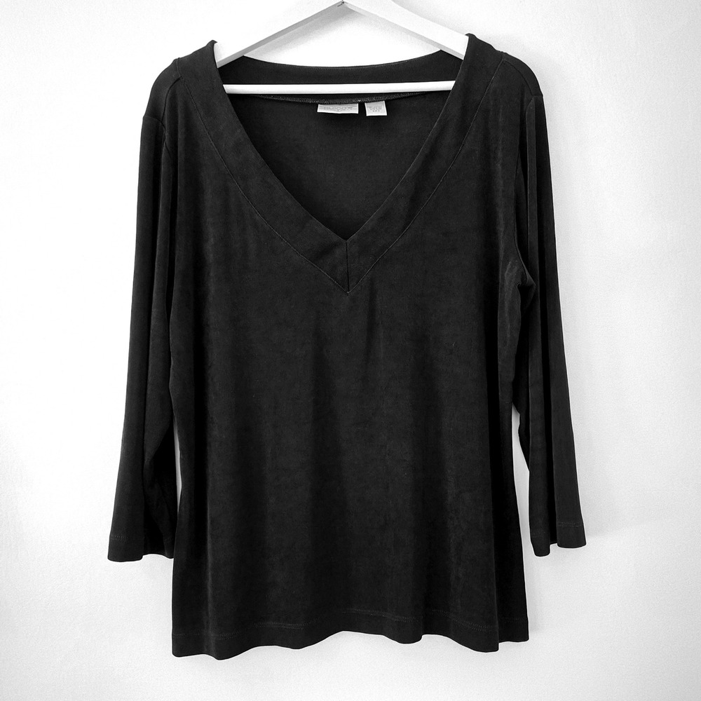 Chico's Travelers Top Black V-Neck 3/4 Sleeve Slinky Knit Womens Size 3 Large XL